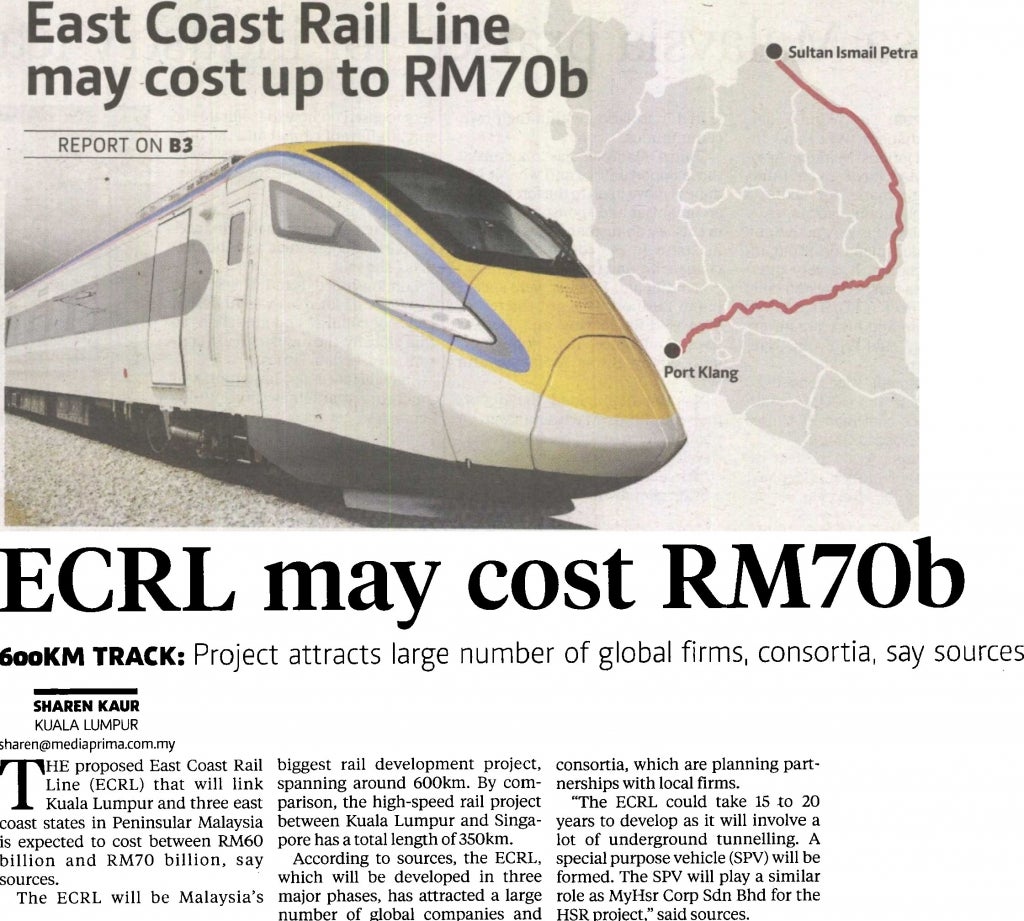 Ecrl May Cost Rm70B