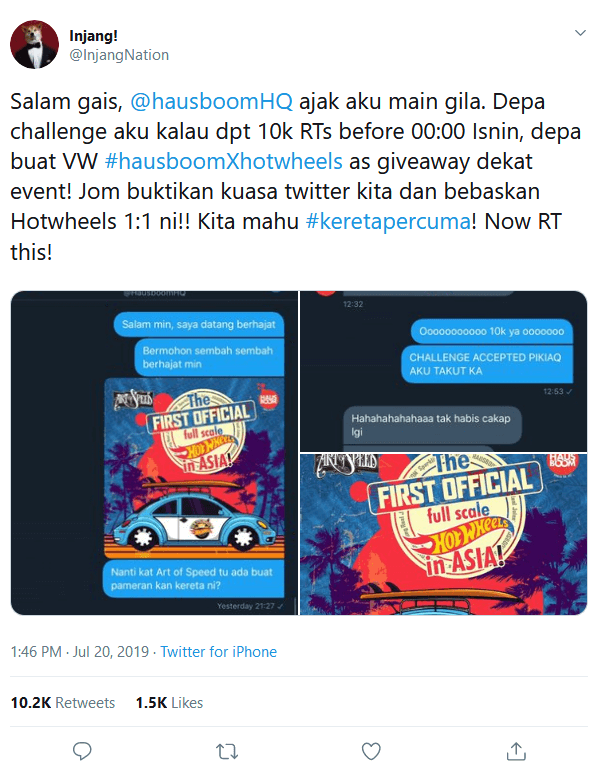 Screenshot 2019 07 21 2 Injang on Twitter Salam gais hausboomHQ ajak aku main gila Depa challenge aku kalau dpt 10k RTs ...1