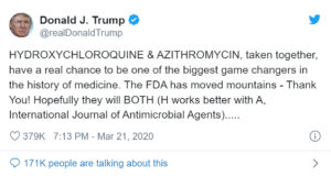 Trump Tweet On Antimalarials For Covid Prophyaxis