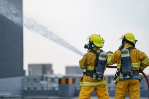 Firefighter Fireman Team Work Water Spray By High Pressure Nozzle Fire 46370 2812