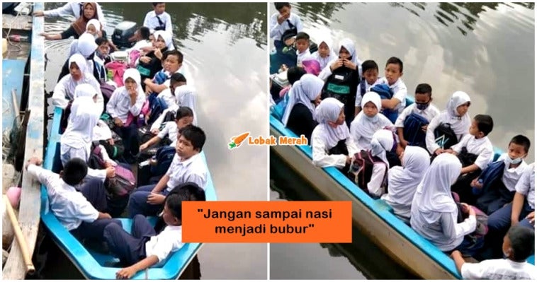 budak berasak duduk dalam bot kecil