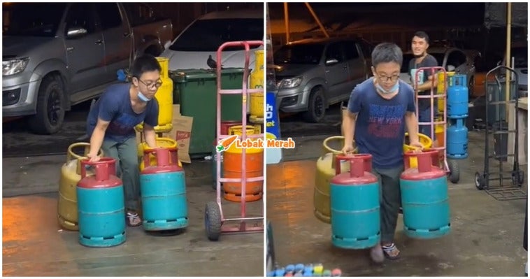 Lelaki Angkat 4 Tong Gas Serentak Buat Netizen Seriau