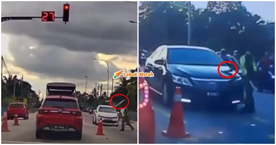 Tindakan Akak RELA Baling Kayu Hempuk Kereta Langgar Lampu Isyarat Merah