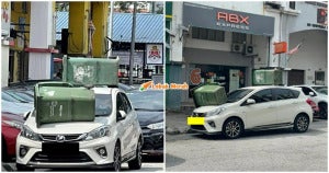ft myvi putih kena tindih tong sampah