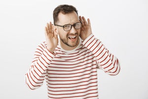 Waist Up Shot Questioned Confused Caucasian Guy Black Glasses