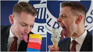 Split Image Of Nick Stoeberl Moving Jenga Blocks With His Tongue And Licking An Ice Cream From Botto