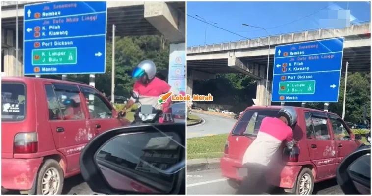 Abang Rider Tolak Kereta Seorang Diri