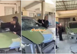 wanita pecahkan kereta sendiri kena tarik