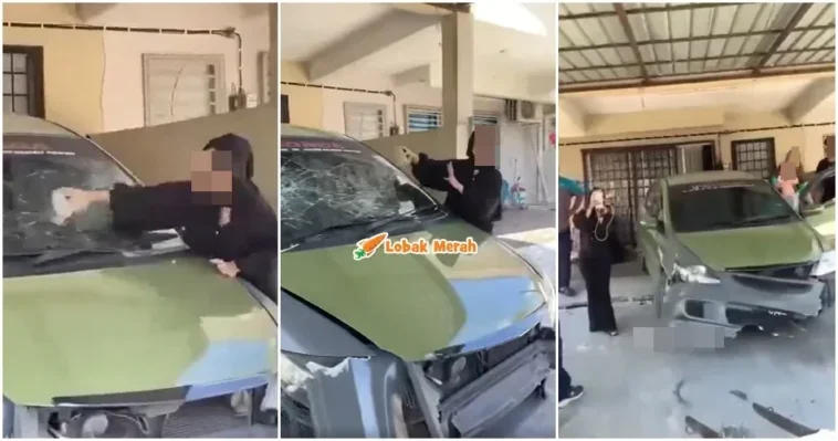 Wanita Pecahkan Kereta Sendiri Kena Tarik