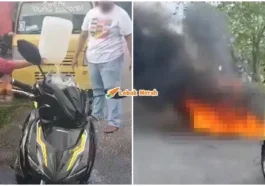 wanita bakar motosikal kena tarik