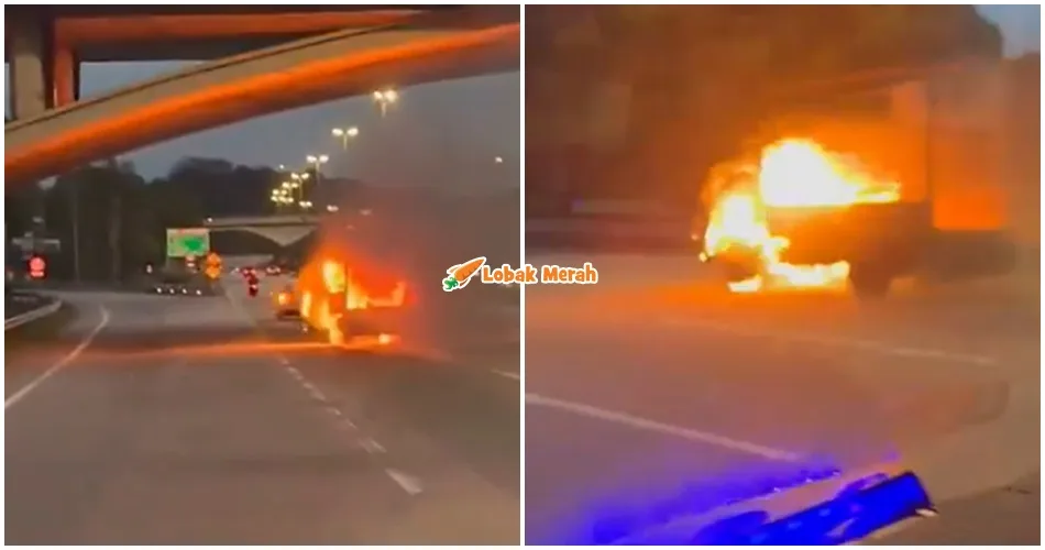 Lori Dengan Api Marak Bergerak Sendiri Di Highway, Disyaki Gara-gara Enjin ‘Overheat’