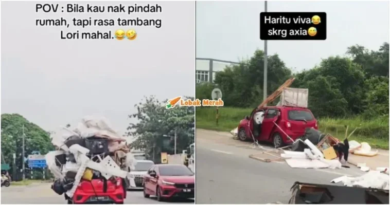 axia merah angkut barang atas kereta