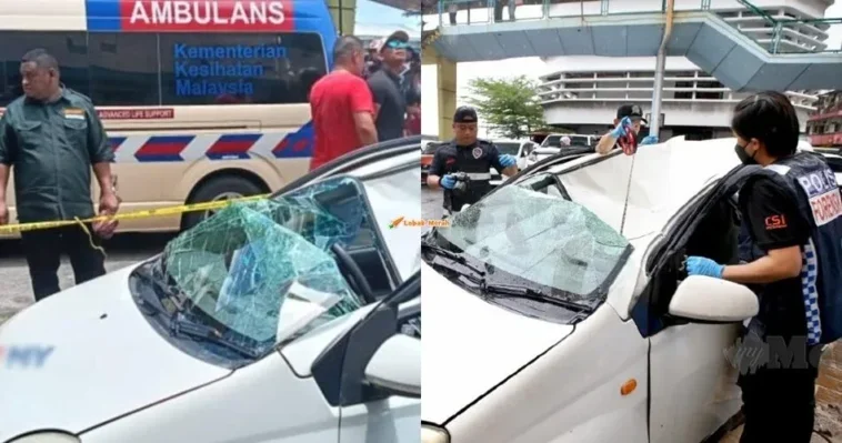 lelaki terjatuh dari bangunan ke atas sebuah kereta