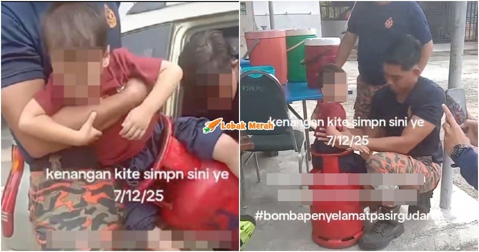“Macam mana boleh masuk dik…” – Budak 3 Tahun Tersangkut Celah Tong Gas, Abang Bomba Tolong Selamatkan