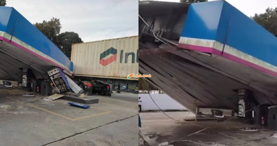 Bumbung Sebuah Stesen Minyak Runtuh Akibat Dilanggar Treler
