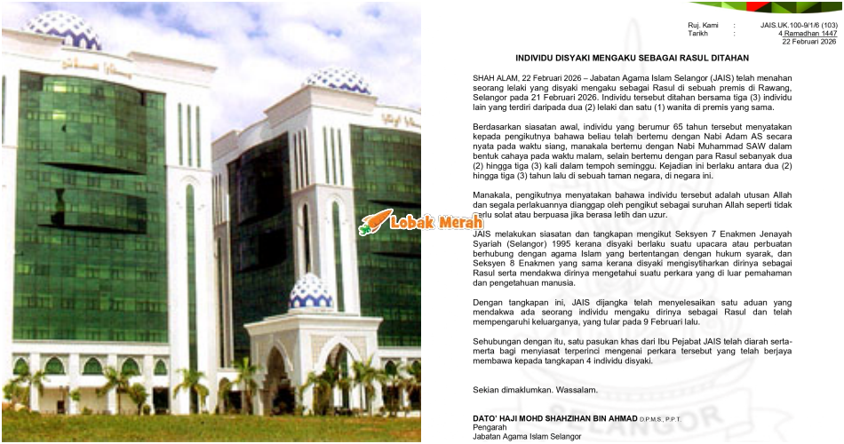 JAIS Tahan Warga Emas 65 Tahun Selepas Disyaki Mengaku Sebagai Rasul