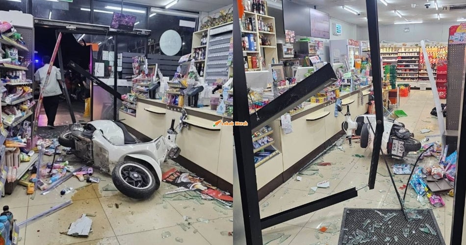 Tak Sengaja Pulas Pendikit Vespa, Kanak-kanak 4 Tahun Cedera Motosikal Vespa Rempuh Pintu Kaca Kedai