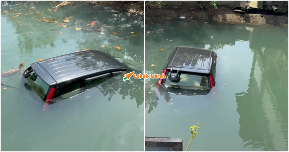 Selipar Tersangkut Pada Karpet, Kereta Terjunam Dalam Parit Ketika Nak Parking