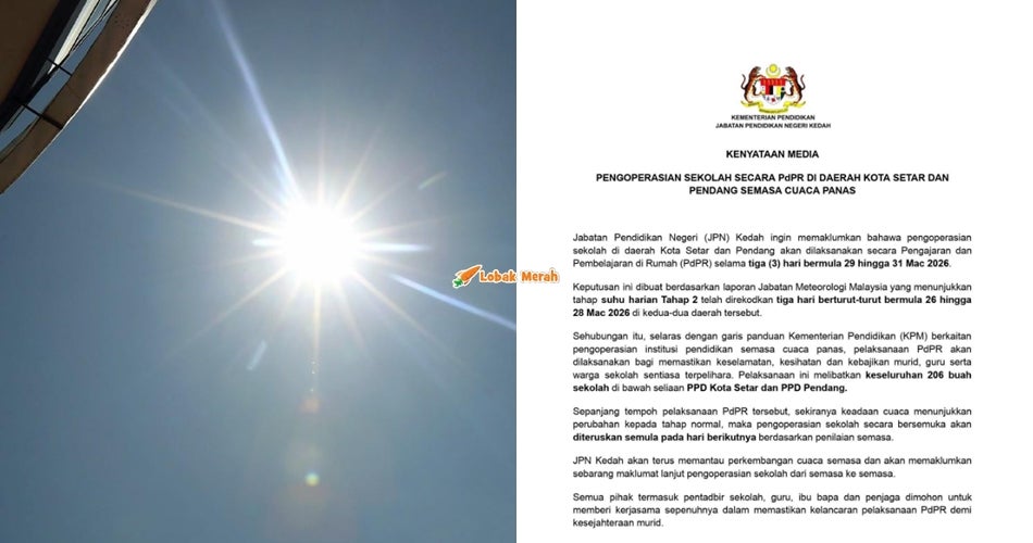 Cuaca Terlalu Panas, 206 Sekolah Di Pendang & Kota Setar Jalani PdPR Selama 3 Hari Hingga Selasa Ini