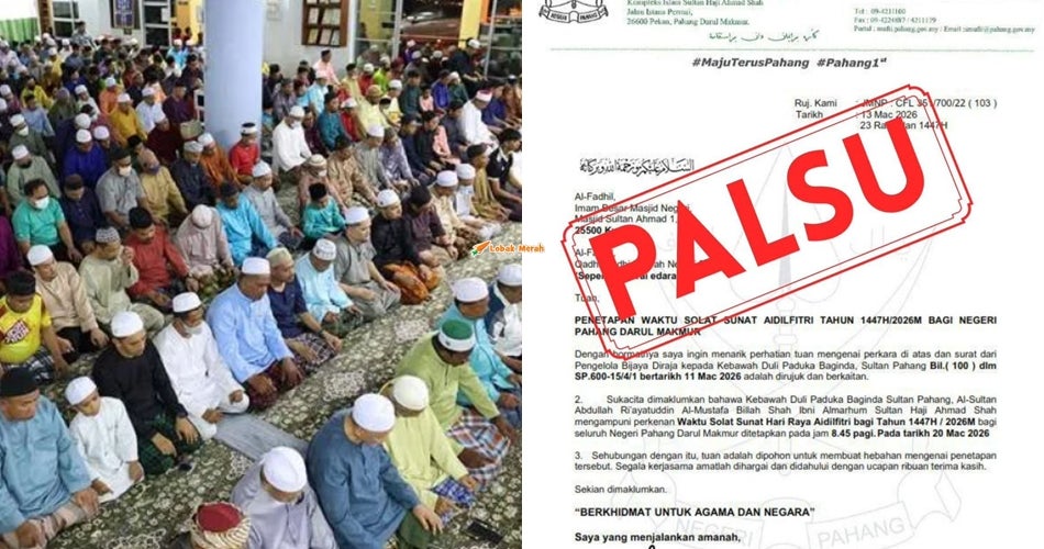 Tular Surat Rasmi Penetapan Waktu Solat Sunat Aidilfitri, Jabatan Mufti Pahang Sahkan Ia Palsu